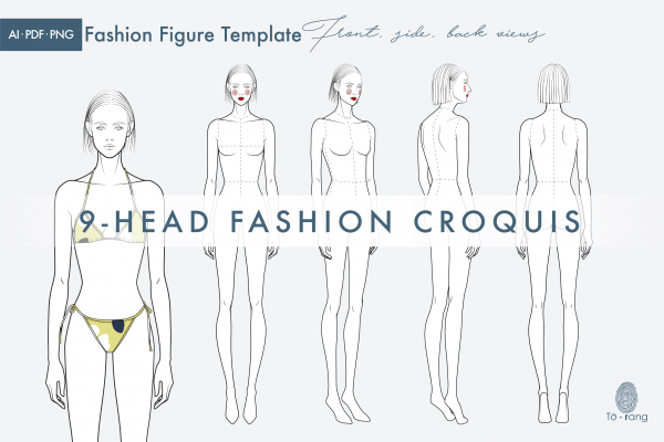 Female Fashion Figure Template, 9-Head Fashion Croquis, Front, 2 Side and Back Views