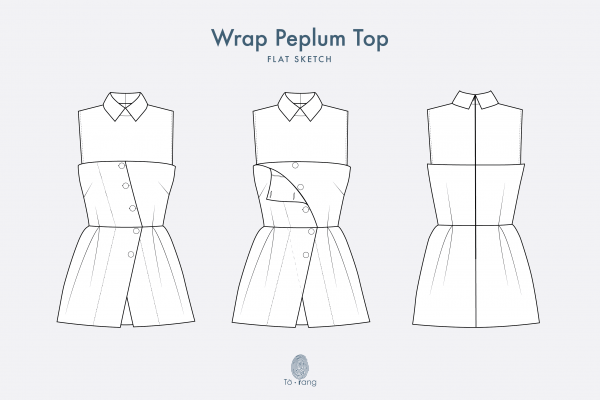 Wrap Peplum Top Flat Sketch Vector - Fashion Technical Drawing Template