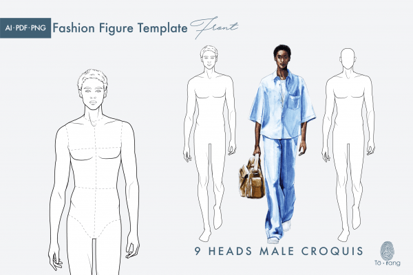Male Croquis for Fashion Illustration, 9-Head Fashion Figure Template, Catwalk Pose