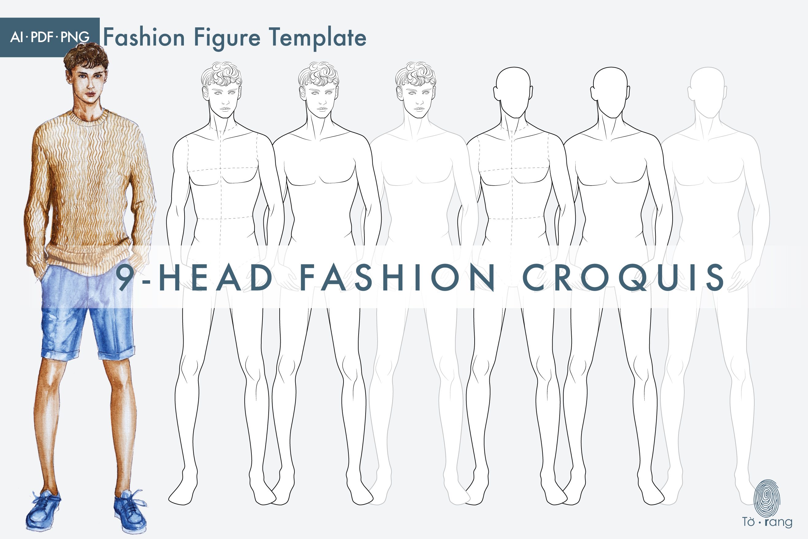 Male Croquis for Fashion Illustration, 9-Head Fashion Figure Template - Image 2