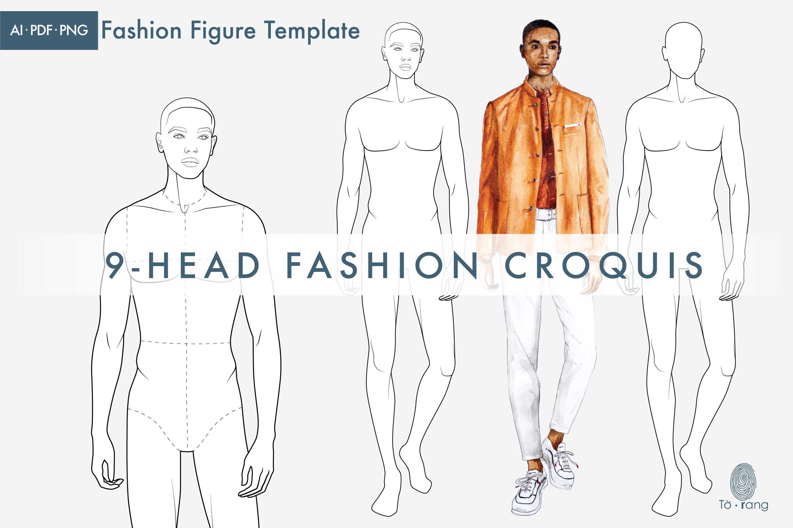 Male Fashion Figure Template, 9-Head Fashion Croquis, Catwalk Pose
