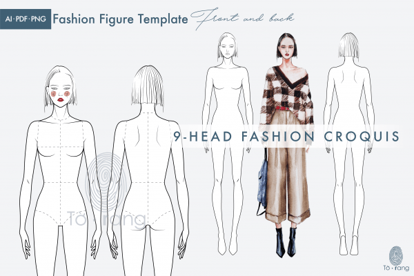 Female Fashion Figure Templates, 9 Head Fashion Croquis, Front and Back