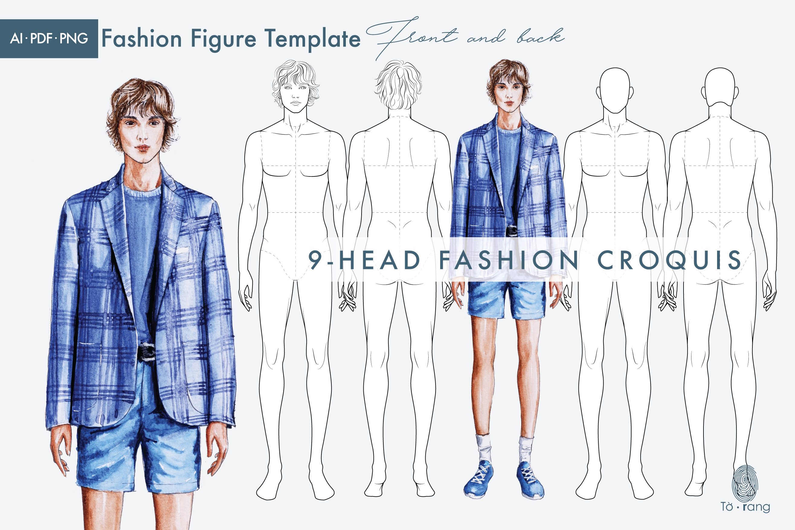 Male Fashion Figure Templates, 9 Head Fashion Croquis, Front and Back