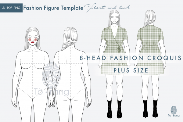 Plus Size Female Fashion Figure Templates, 8 Head Croquis, Front and Back Views