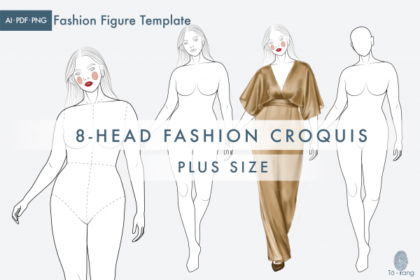 Plus Size Female Catwalk Model, Female Figure Templates for Fashion Illustrations, 8-Head Fashion Croquis