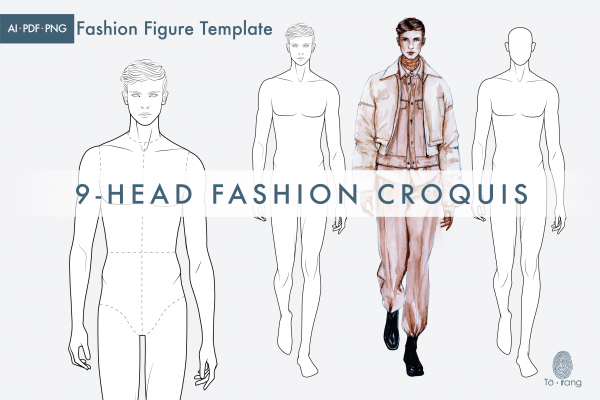 Male Fashion Figure Templates, 9-Head Fashion Croquis, Catwalk Pose