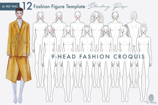 Female Standing Pose Croquis Bundle, 9-Head Fashion Figure, Female Croquis, Fashion Illustration, Hairstyle Templates, Front and Back Views