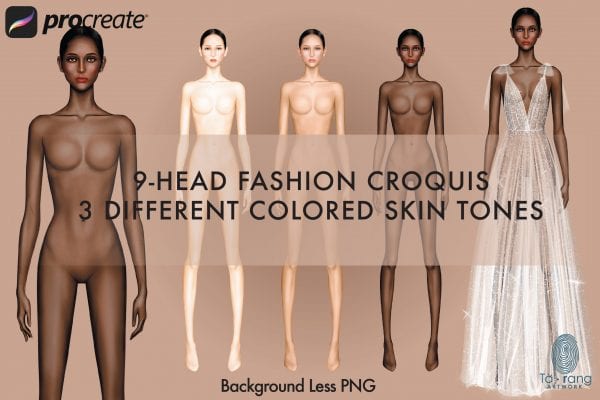 Female Fashion Croquis Template, 3 Different Colored Skin Tones, 9-Head Fashion Figure, Standing Pose, Background Less PNG