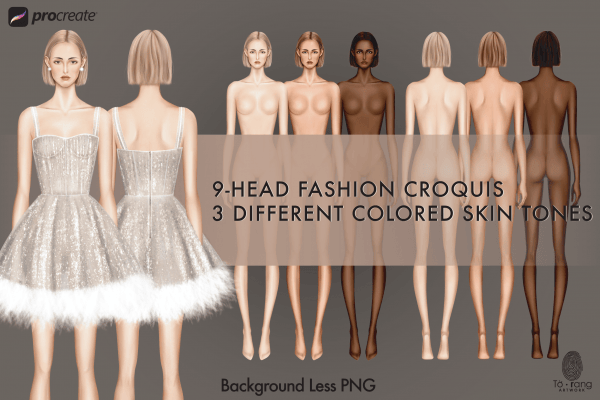 Female Fashion Croquis Template, Front and Back, 3 Different Colored Skin Tones, 9-Head Fashion Figure, Standing Pose, Background Less PNG