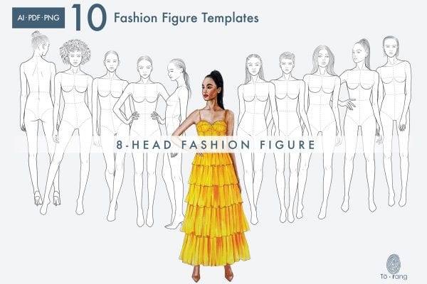 10 Female Fashion Croquis Templates, 8 Heads, Female Fashion Figure, Fashion Illustration, Croquis Vector