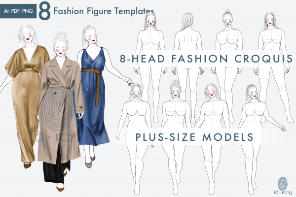 8 Female Plus Size Fashion Figure Templates, Curvy Croqui Templates, 8-Head Model Figures, Croquis Templates for Fashion Illustrations