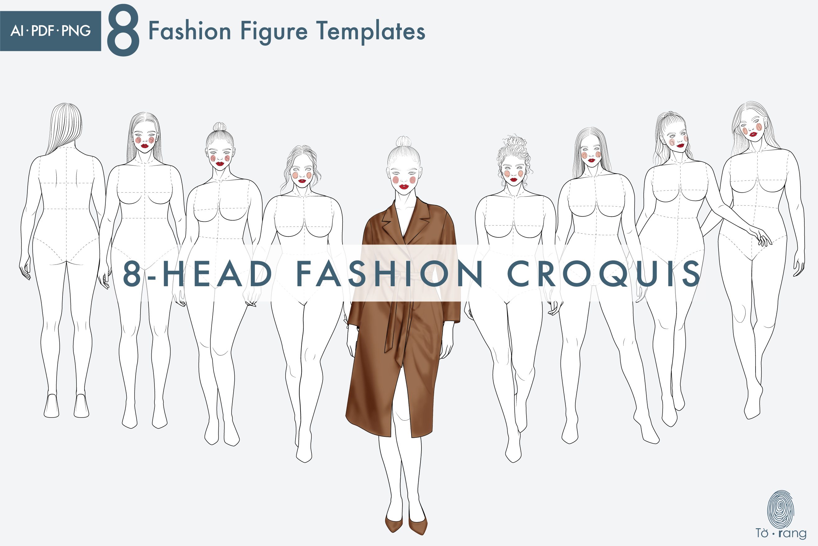 8 Female Plus Size Fashion Figure Templates, Curvy Croqui Templates, 8-Head Model Figures, Croquis Templates for Fashion Illustrations - Image 2