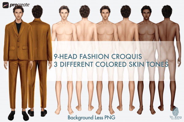 Male Fashion Croquis Templates, Front and Back, 3 Different Colored Skin Tones, 9-Head Fashion Figure, Fashion Illustration