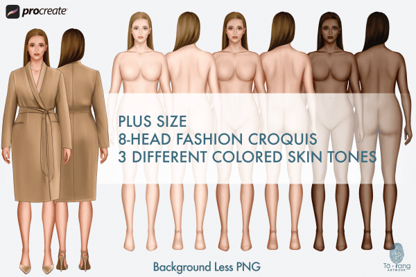 Plus Size Fashion Figure Templates, Curvy Croqui Templates, 3 Different Colored Skin Tones, 8-Head Fashion Croquis, Front and Back Views