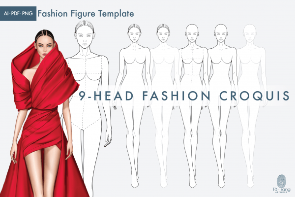 Female Fashion Croquis Template, Runway Pose, 9 Head Fashion Figure
