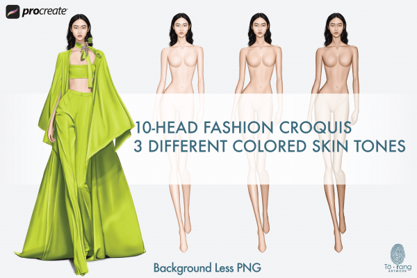 Female Fashion Croquis Templates, 10 Head Fashion Figure, Runway Pose, 3 Different Colored Skin Tones
