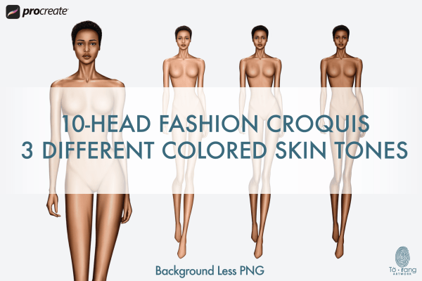 Female Fashion Croquis Templates, Runway Pose, 10 Head Fashion Figure, 3 Different Colored Skin Tones