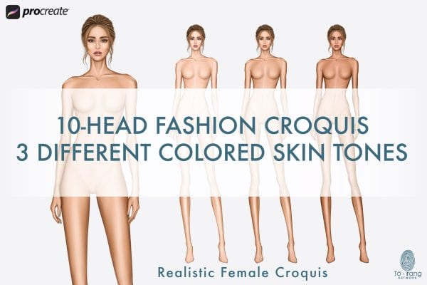 Female Fashion Croquis Templates, Standing Pose, 10 Head Fashion Figure, 3 Different Colored Skin Tones