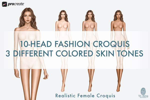 Female Fashion Croquis Templates, Curly Hair, Catwalk Pose, 10-Head Fashion Figure, 3 Different Colored Skin Tones