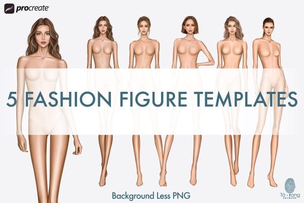 5 Female Fashion Croquis Templates - 10 Head Fashion Figure - Light, Medium, Tan Skin Tones Color