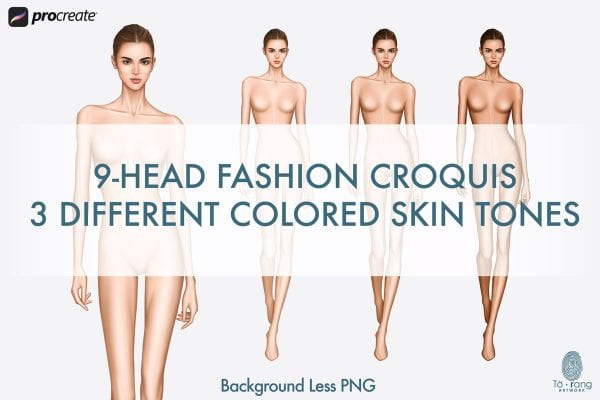 Female Fashion Croquis Templates, Runway Pose, 9 Head Fashion Figure, 3 Different Colored Skin Tones
