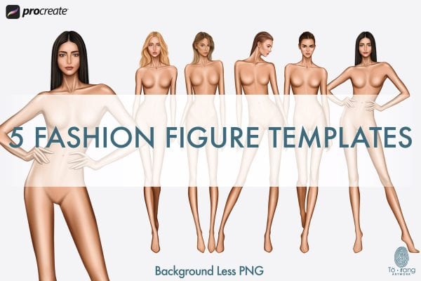 5 Female Fashion Croquis Templates - 9 Head Fashion Figure - Light, Medium, Tan Skin Tones Color