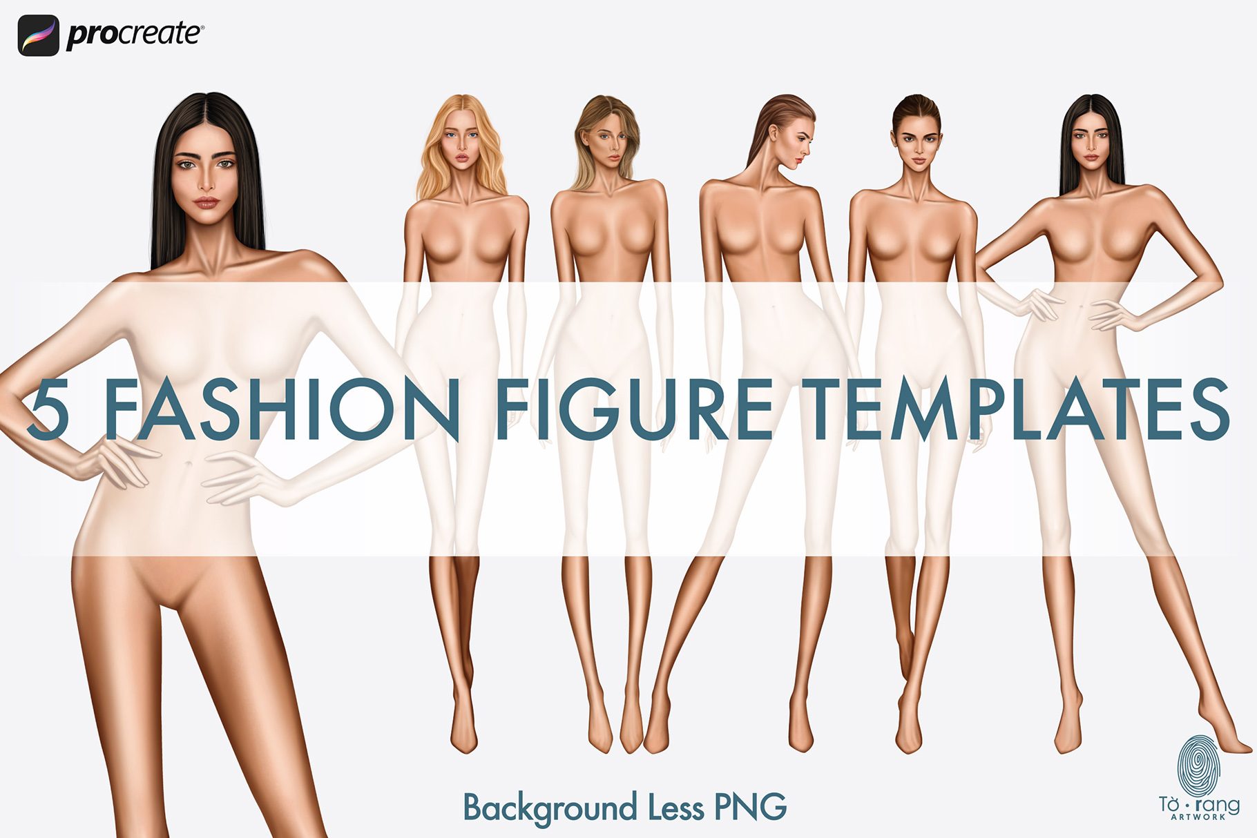 5 Female Fashion Croquis Templates - 9 Head Fashion Figure - Light, Medium, Tan Skin Tones Color