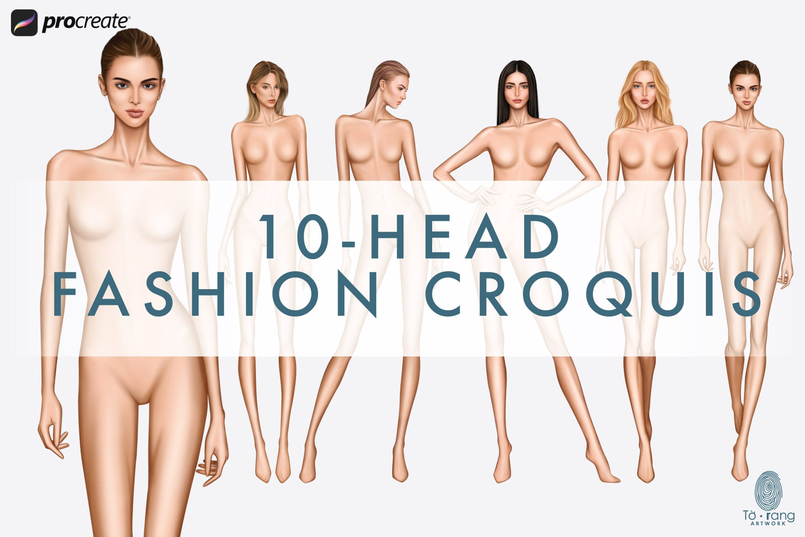 5 Female Fashion Croquis Templates - 9 Head Fashion Figure - Light, Medium, Tan Skin Tones Color - Image 3