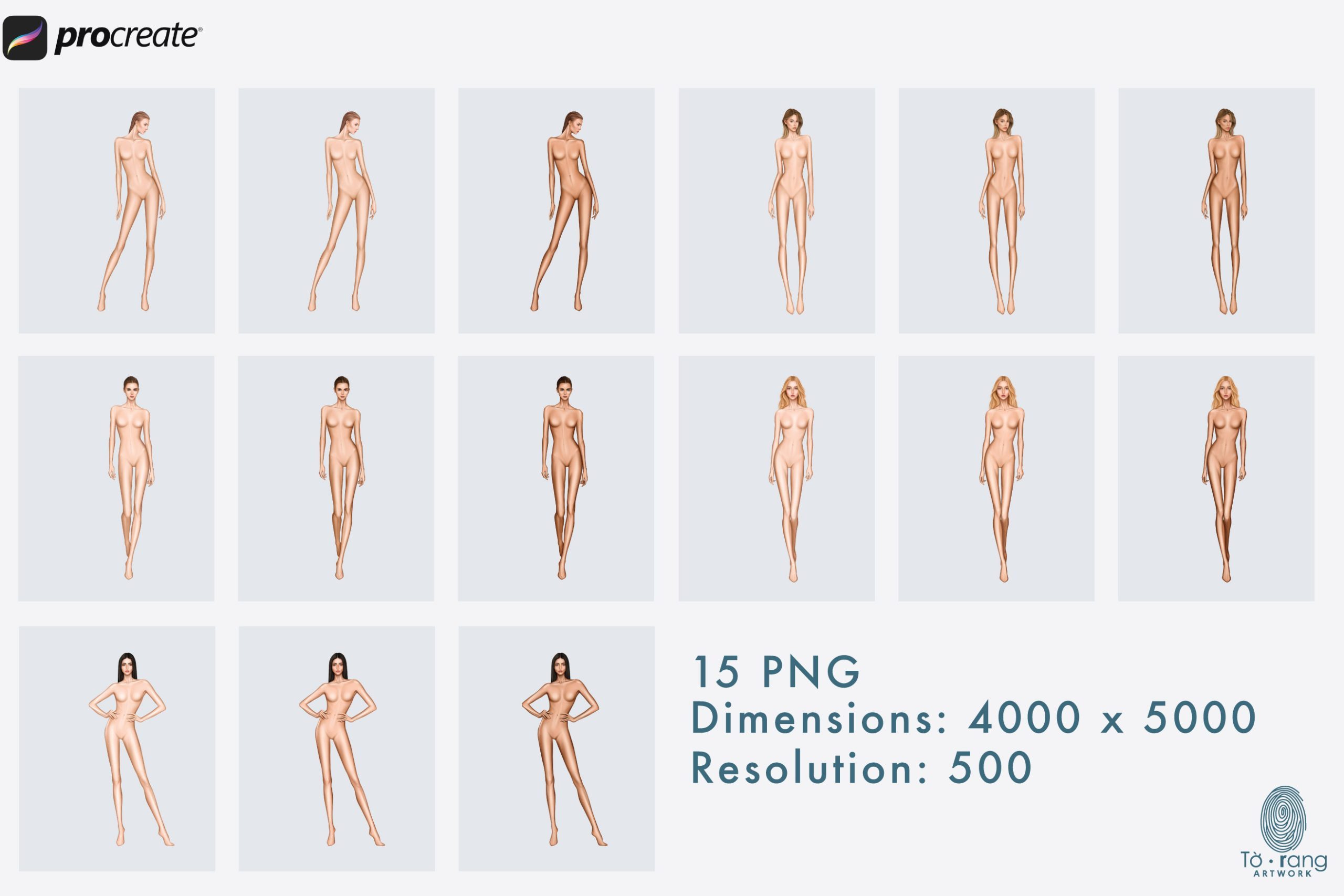 5 Female Fashion Croquis Templates - 9 Head Fashion Figure - Light, Medium, Tan Skin Tones Color - Image 4