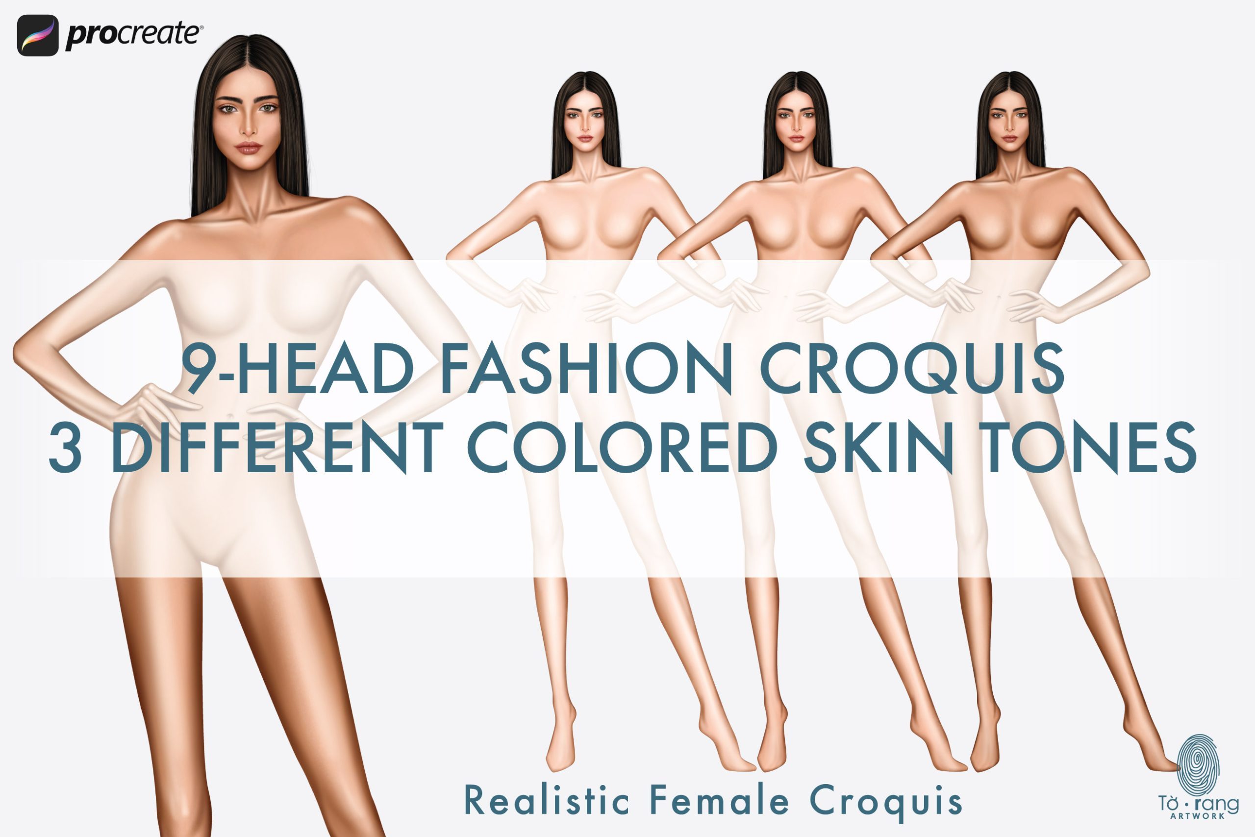 5 Female Fashion Croquis Templates - 9 Head Fashion Figure - Light, Medium, Tan Skin Tones Color - Image 5