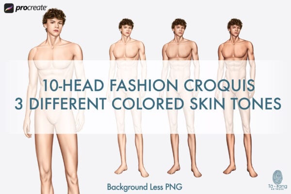 Male Fashion Croquis Templates, 3 Different Colored Skin Tones, 10-Head Fashion Figure