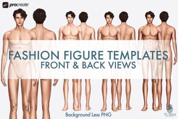 10-Head Male Fashion Croquis (Front & Back, 3 Skin Tones) - Vector & Procreate