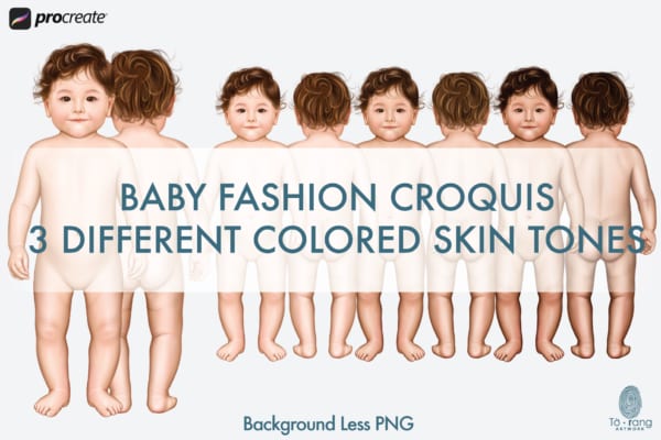 Baby Fashion Croquis Templates, Front and Back Views, 3 Different Colored Skin Tones