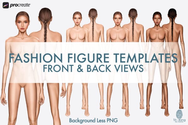 Female Fashion Figure Templates, 8-Head, Front and Back, 3 Different Colored Skin Tones