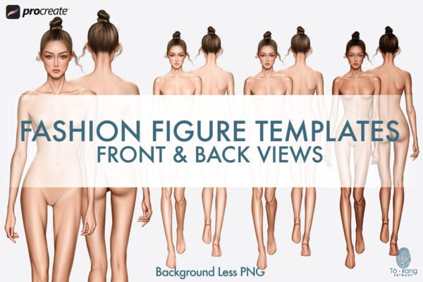 Female Fashion Figure Templates, 8-Head, Runway Pose, Front and Back, 3 Different Colored Skin Tones