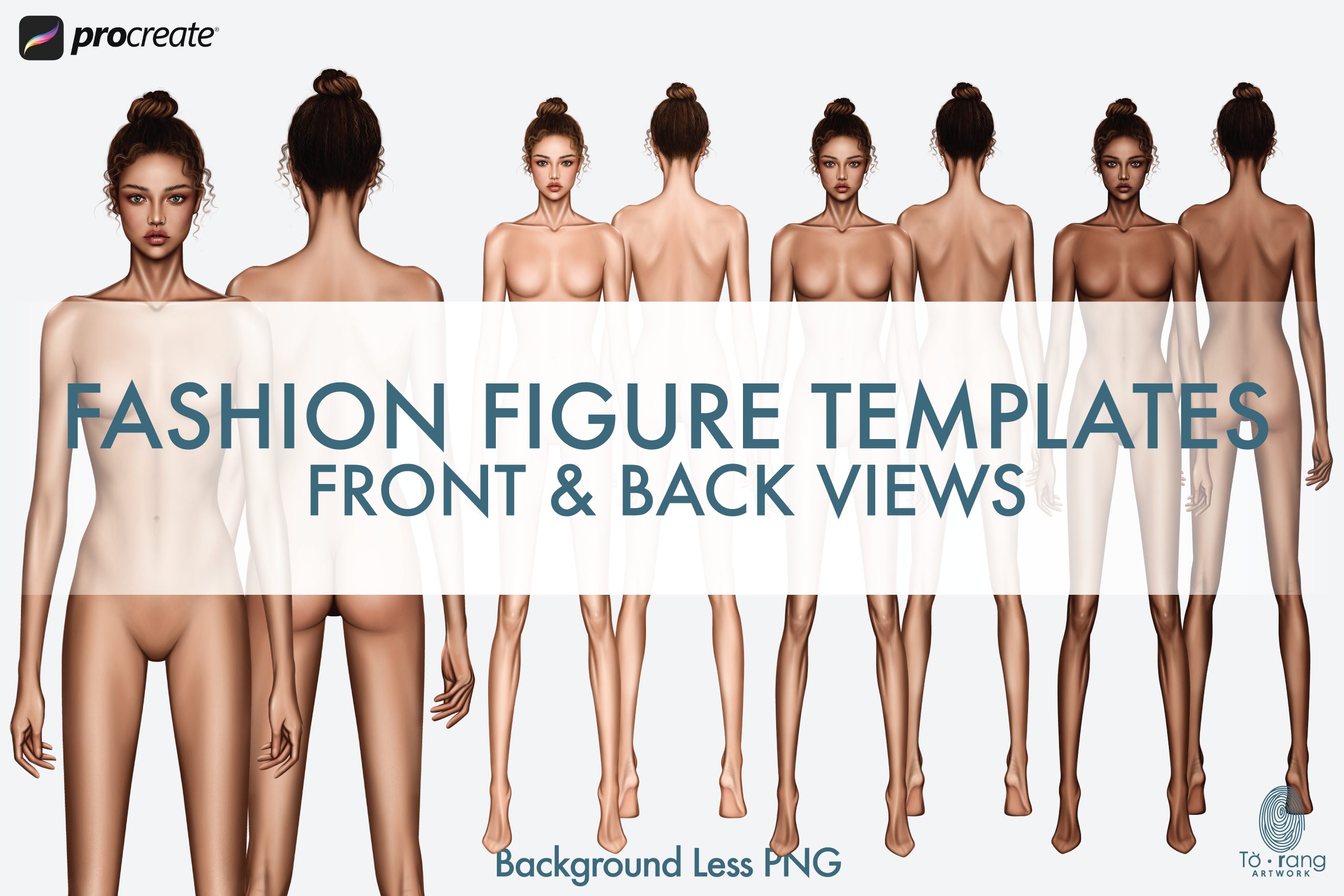 Female Fashion Croquis Templates, 9-Head, Front and Back, 3 Different Dark Skin Tones Color