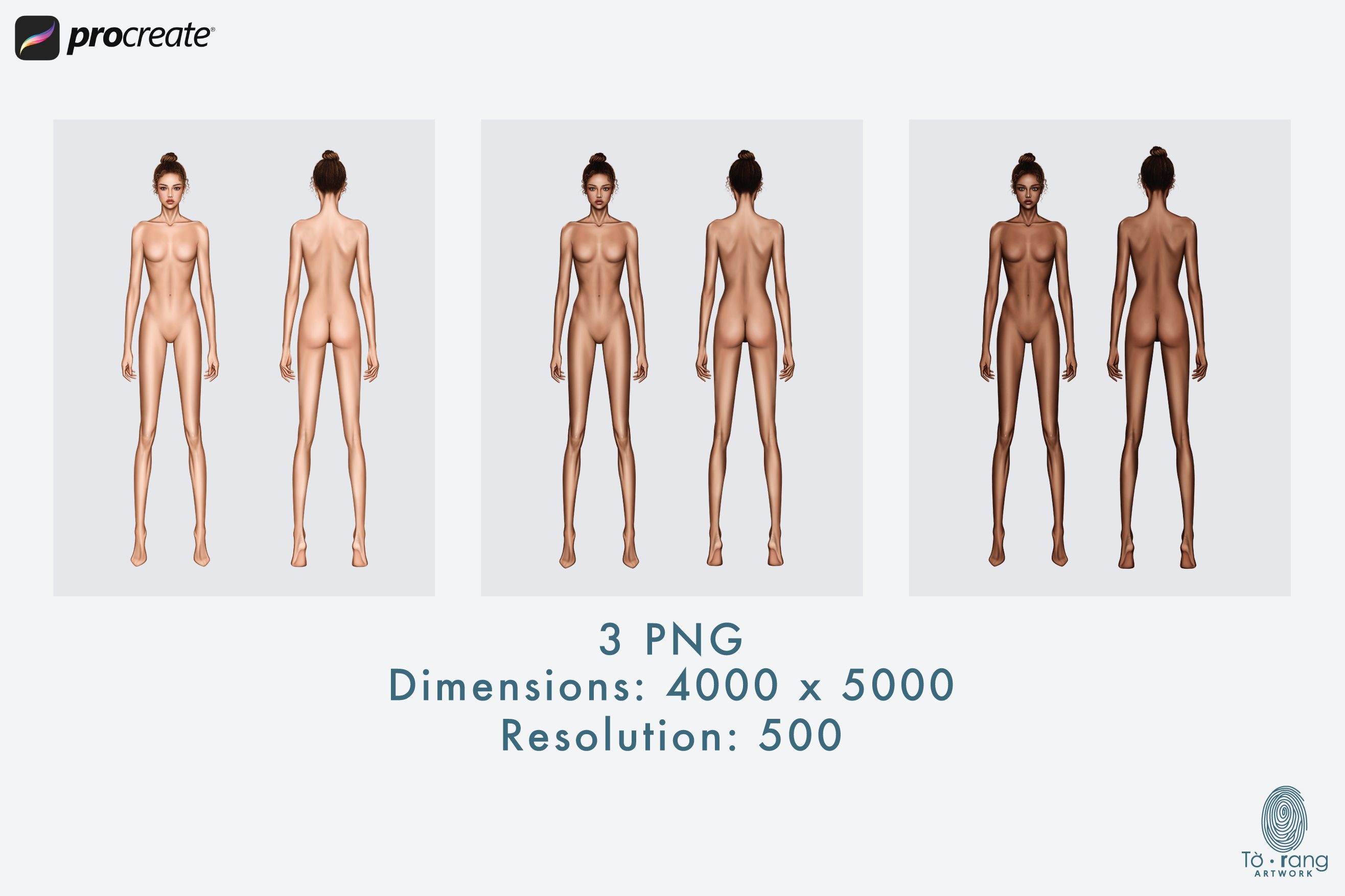 Female Fashion Croquis Templates, 9-Head, Front and Back, 3 Different Dark Skin Tones Color - Image 5