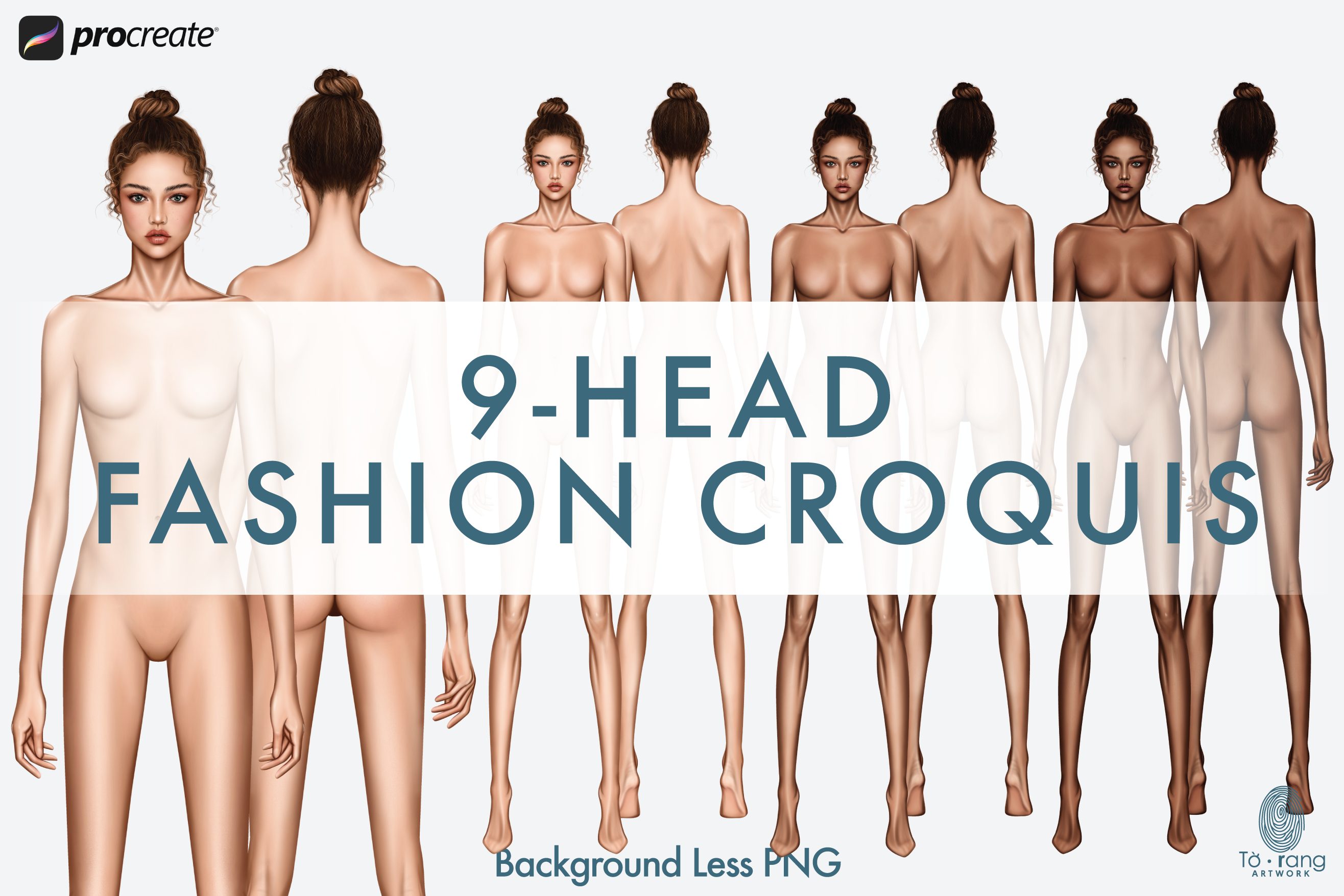 Female Fashion Croquis Templates, 9-Head, Front and Back, 3 Different Dark Skin Tones Color - Image 3