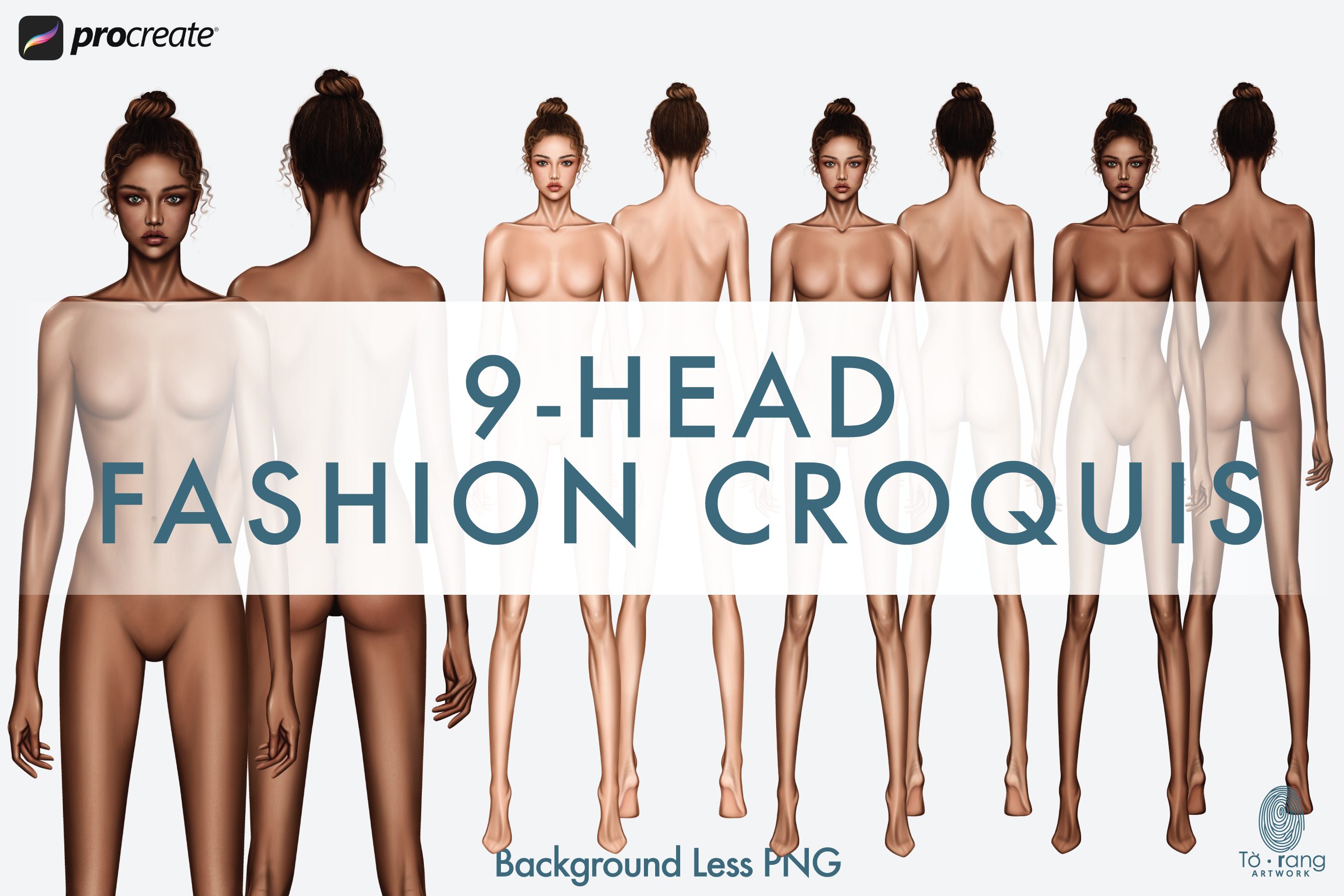 Female Fashion Croquis Templates, 9-Head, Front and Back, 3 Different Dark Skin Tones Color - Image 2