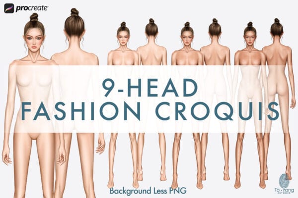 Female Fashion Croquis Templates, 9-Head Proportions, Front & Back Views, 3 Skin Tones, Bun Hairstyle
