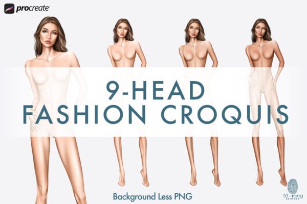 Female Fashion Figure Templates, 9-Head, 3 Different Colored Skin Tones, Hands in Pockets Pose