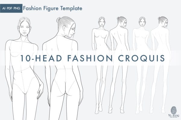 10-Head Fashion Figure Vector Template – Front & Back Views