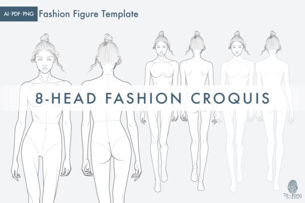 8-Head Fashion Figure Vector Template – Front & Back Views – Runway Pose