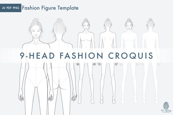 9-Head Fashion Figure Vector Template – Standing Pose – Front & Back Views