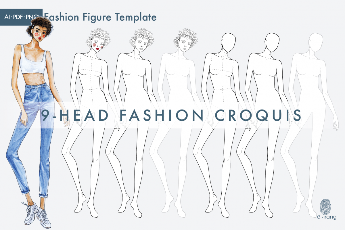 Female Figure Templates for Fashion Illustrations, 9-Head Fashion Croquis, Curly Hair - Image 2
