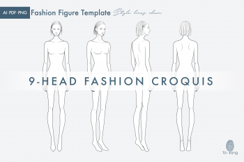 Female Fashion Figure Template, 9-Head Fashion Croquis, Front, 2 Side and Back Views - Image 3