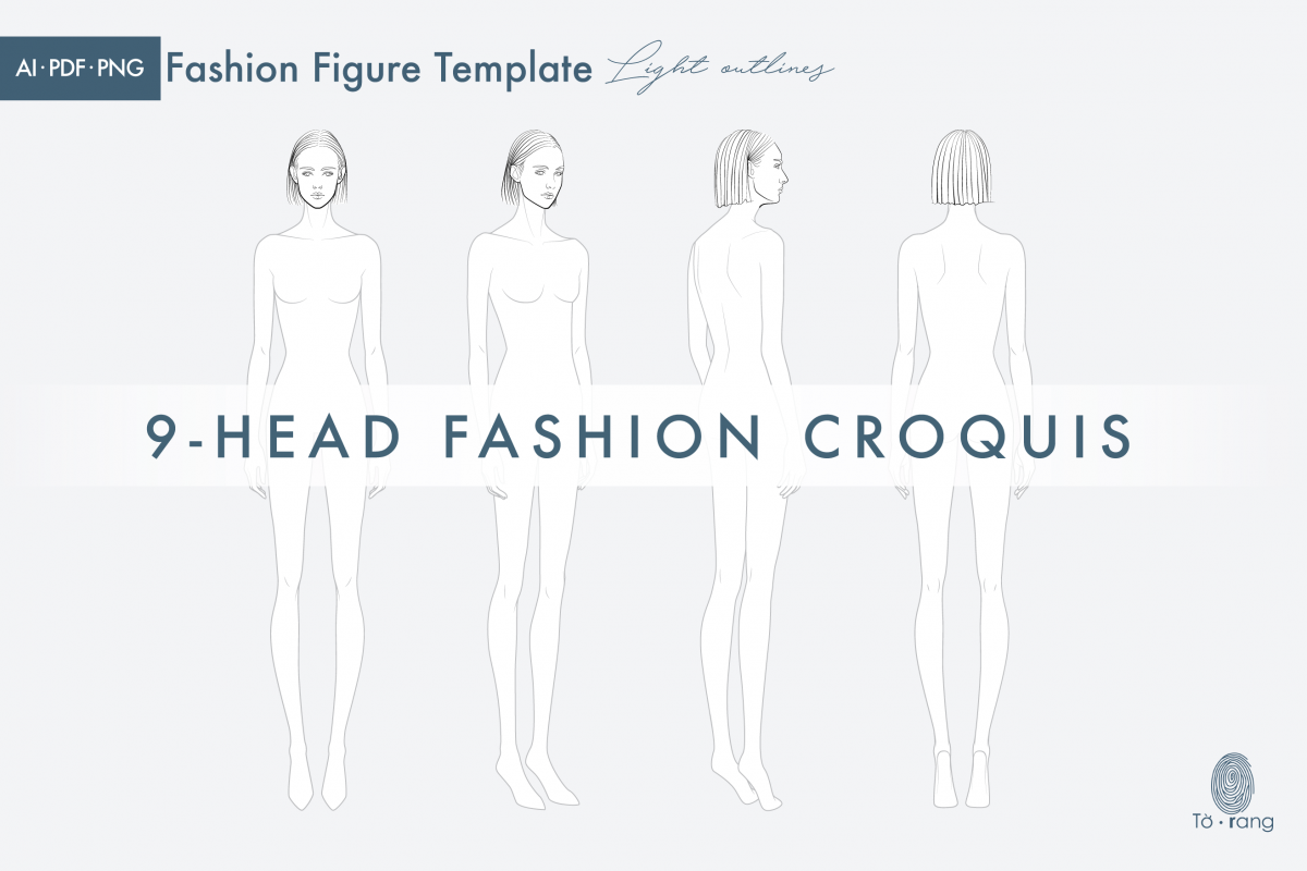 Female Fashion Figure Template, 9-Head Fashion Croquis, Front, 2 Side and Back Views - Image 4