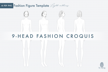Female Fashion Figure Template, 9-Head Fashion Croquis, Front, 2 Side and Back Views - Image 4