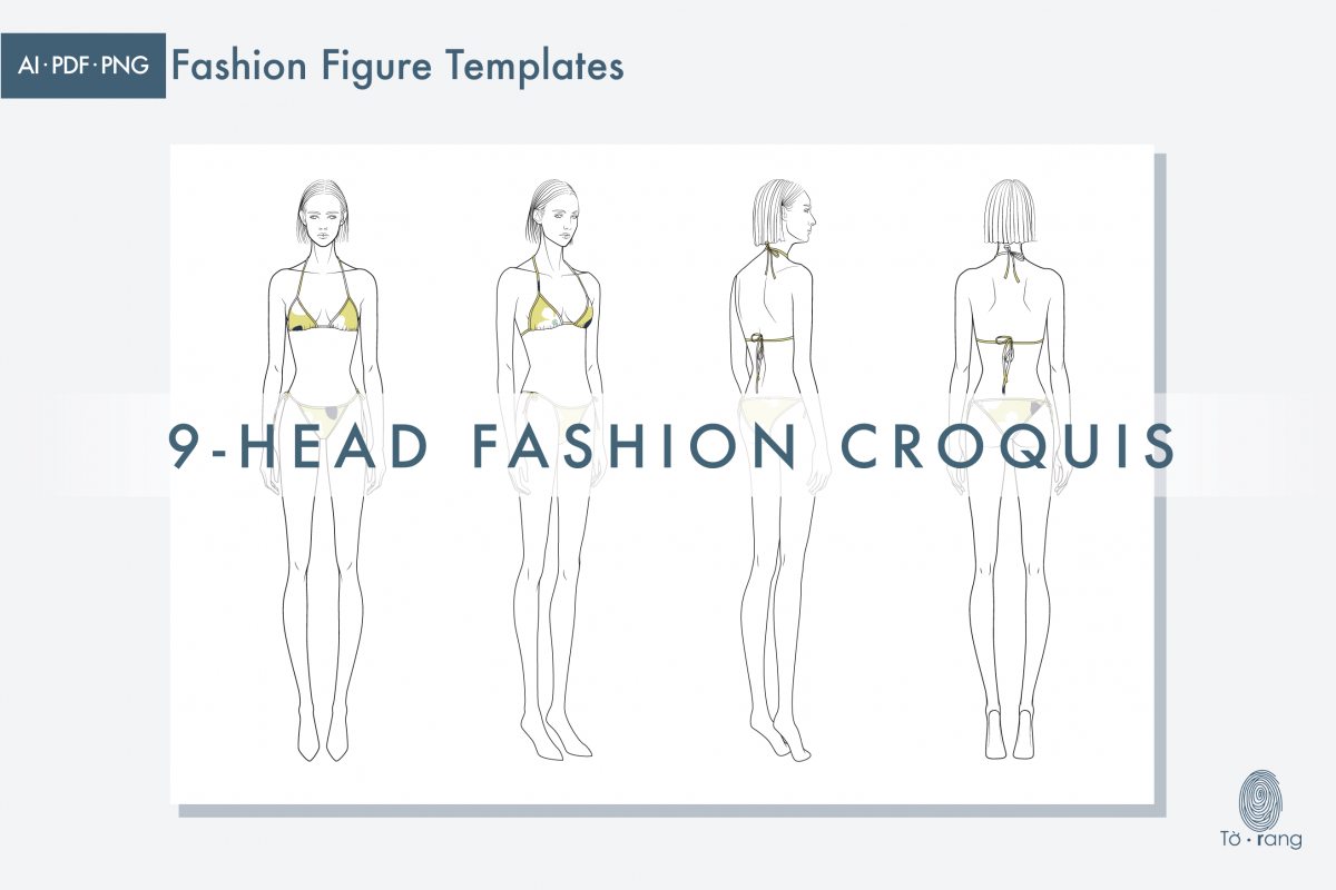 Female Fashion Figure Template, 9-Head Fashion Croquis, Front, 2 Side and Back Views - Image 5