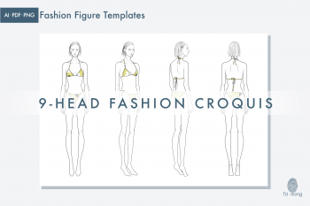 Female Fashion Figure Template, 9-Head Fashion Croquis, Front, 2 Side and Back Views - Image 5